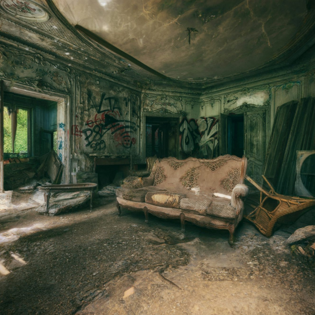 A room with a couch and a table