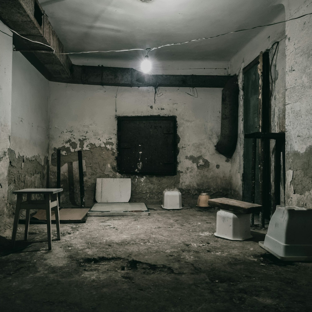 A run down room with two chairs and a table