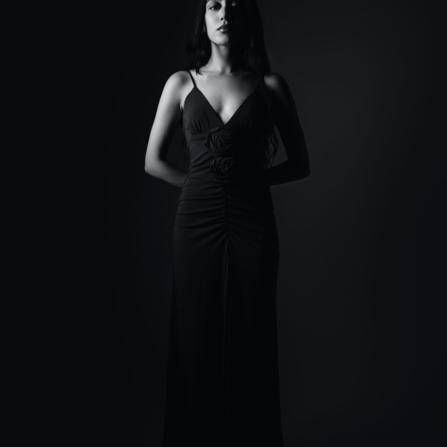 Elegant woman stands in a black dress